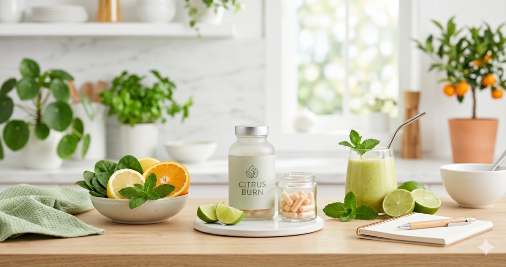 "Create a clean, professional blog header image for an article about Citrus Burn Money-Back Guarantee Review: Is the Refund Policy Worth It? Style: modern health blog, bright and clean. Color palette: green and white tones. Include relevant visual elements like supplements, healthy food, or wellness imagery. No text in the image. Horizontal format 1200x628 pixels."