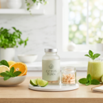 "Create a clean, professional blog header image for an article about Citrus Burn Money-Back Guarantee Review: Is the Refund Policy Worth It? Style: modern health blog, bright and clean. Color palette: green and white tones. Include relevant visual elements like supplements, healthy food, or wellness imagery. No text in the image. Horizontal format 1200x628 pixels."
