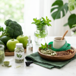 "Create a clean, professional blog header image for an article about Why Belly Fat Is the Hardest to Lose Color palette: green and white tones. Include relevant visual elements like supplements, healthy food, or wellness imagery. No text in the image. Horizontal format 1200x628 pixels."