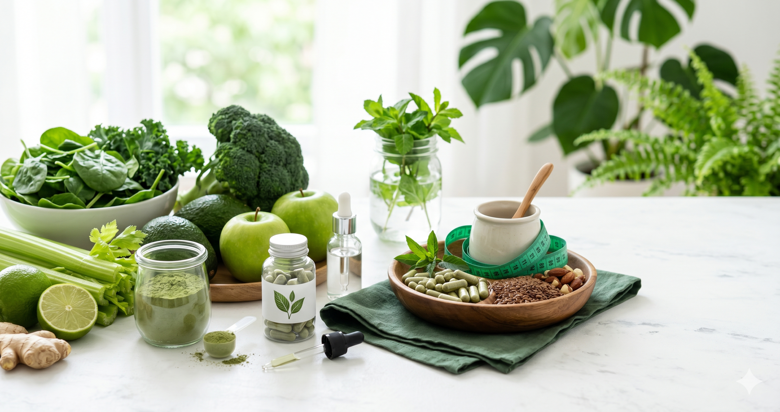 "Create a clean, professional blog header image for an article about Why Belly Fat Is the Hardest to Lose Color palette: green and white tones. Include relevant visual elements like supplements, healthy food, or wellness imagery. No text in the image. Horizontal format 1200x628 pixels."