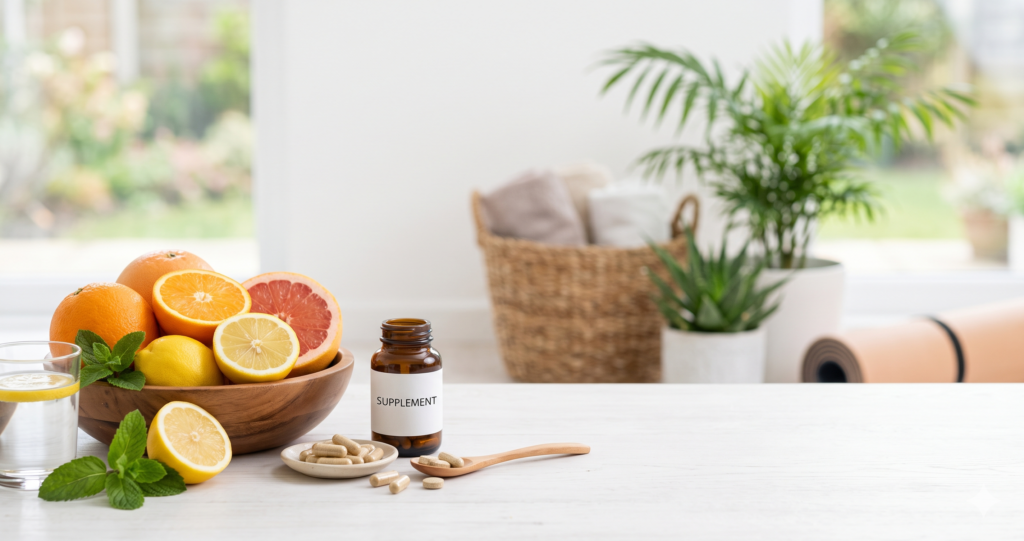 "Create a clean, professional blog header image for an article about Is Citrus Burn a Scam or Legit? Full Investigation Include relevant visual elements like supplements, healthy food, or wellness imagery. No text in the image. Horizontal format 1200x628 pixels."