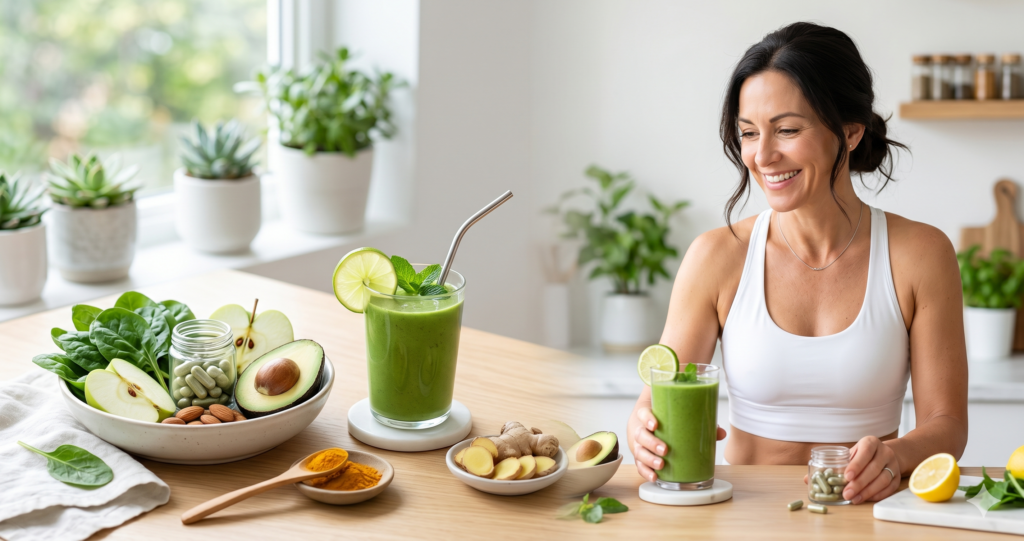 "Create a clean, professional blog header image for an article about Is Natural Metabolism Boosters That Actually Work for Women Over 40 Style: modern health blog, bright and clean. Color palette: green and white tones. Include relevant visual elements like supplements, healthy food, or wellness imagery. No text in the image. Horizontal format 1200x628 pixels."