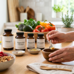 "Create a clean, professional blog header image for an article about Why Counting Calories Isn't Enough After 40 Include relevant visual elements like supplements, healthy food, or wellness imagery. No text in the image. Horizontal format 1200x628 pixels."