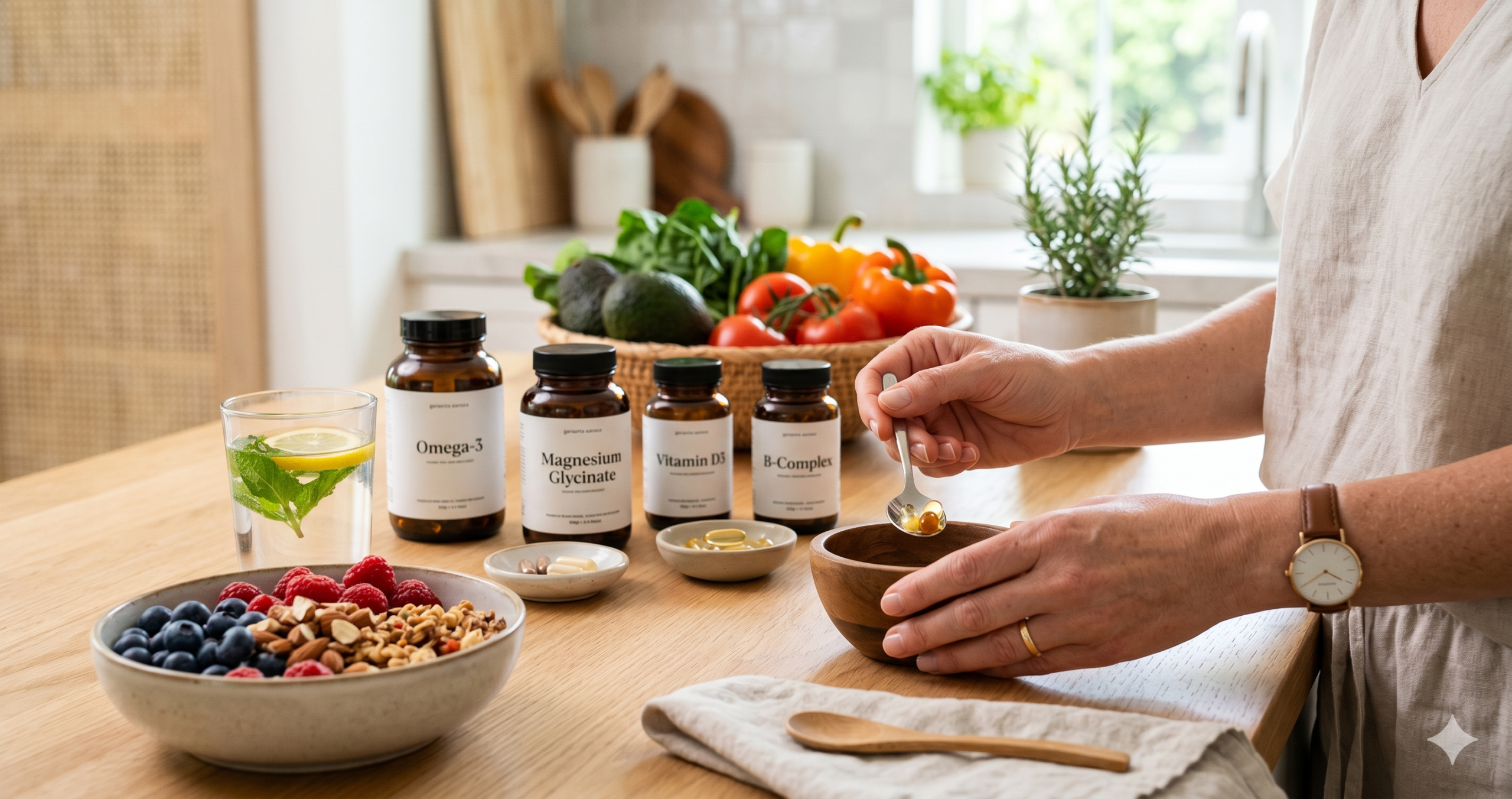 "Create a clean, professional blog header image for an article about Why Counting Calories Isn't Enough After 40 Include relevant visual elements like supplements, healthy food, or wellness imagery. No text in the image. Horizontal format 1200x628 pixels."