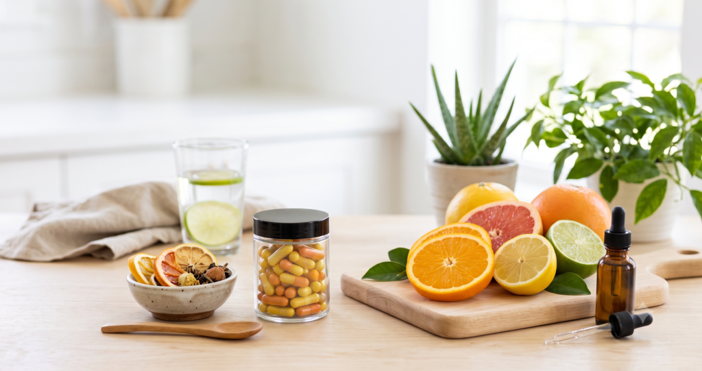 "Create a clean, professional blog header image for an article about Citrus Burn Refund Policy: How It Really Works Include relevant visual elements like supplements, healthy food, or wellness imagery. No text in the image. Horizontal format 1200x628 pixels."