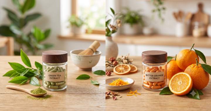 "Create a clean, professional blog header image for an article about Green Tea Extract vs Bitter Orange: Which Burns More Fat Include relevant visual elements like supplements, healthy food, or wellness imagery. No text in the image. Horizontal format 1200x628 pixels."