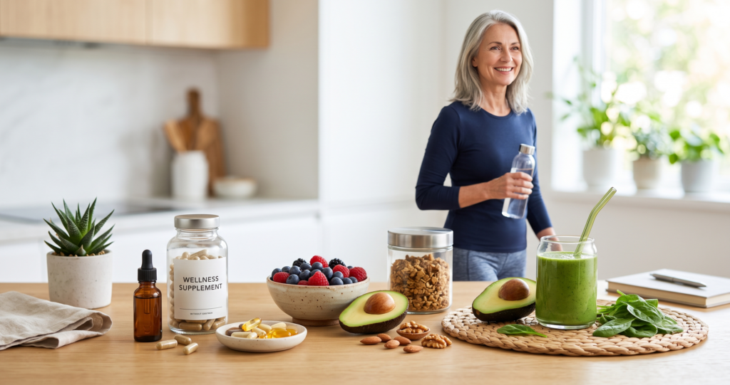 "Create a clean, professional blog header image for an article about The Truth About Best Supplements for Menopause-Related Weight Gain Include relevant visual elements like supplements, healthy food, or wellness imagery. No text in the image. Horizontal format 1200x628 pixels."