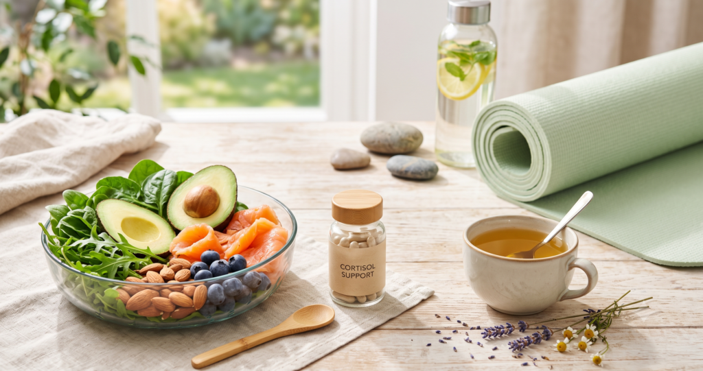 "Create a clean, professional blog header image for an article about Natural Cortisol Support for Stubborn Belly Fat Include relevant visual elements like supplements, healthy food, or wellness imagery. No text in the image. Horizontal format 1200x628 pixels."