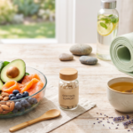 "Create a clean, professional blog header image for an article about Natural Cortisol Support for Stubborn Belly Fat Include relevant visual elements like supplements, healthy food, or wellness imagery. No text in the image. Horizontal format 1200x628 pixels."