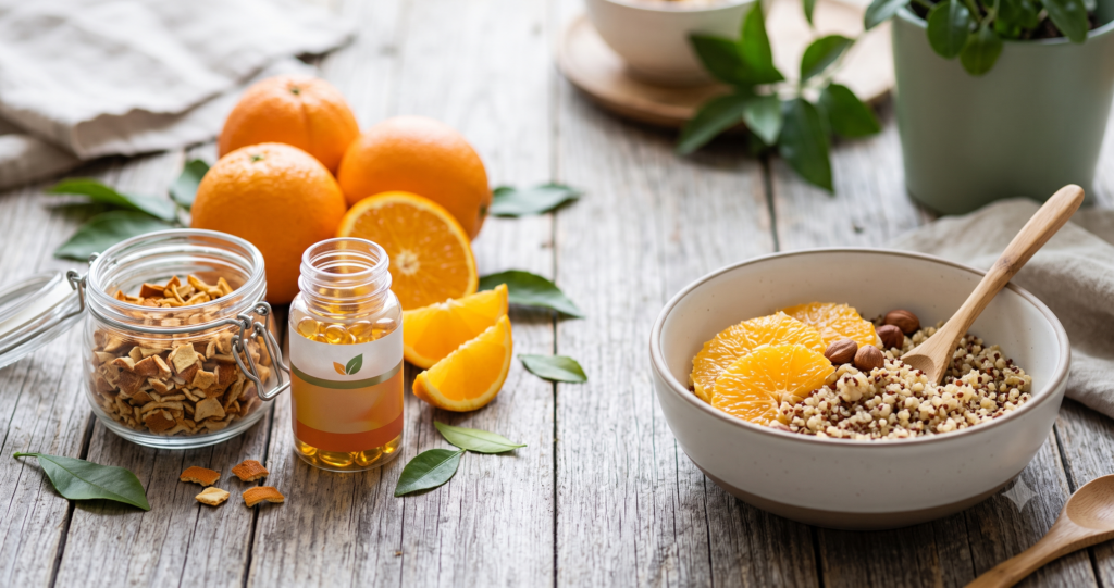 "Create a clean, professional blog header image for an article about Do "Orange Peel Hack" Products Actually Deliver? Include relevant visual elements like supplements, healthy food, or wellness imagery. No text in the image. Horizontal format 1200x628 pixels."