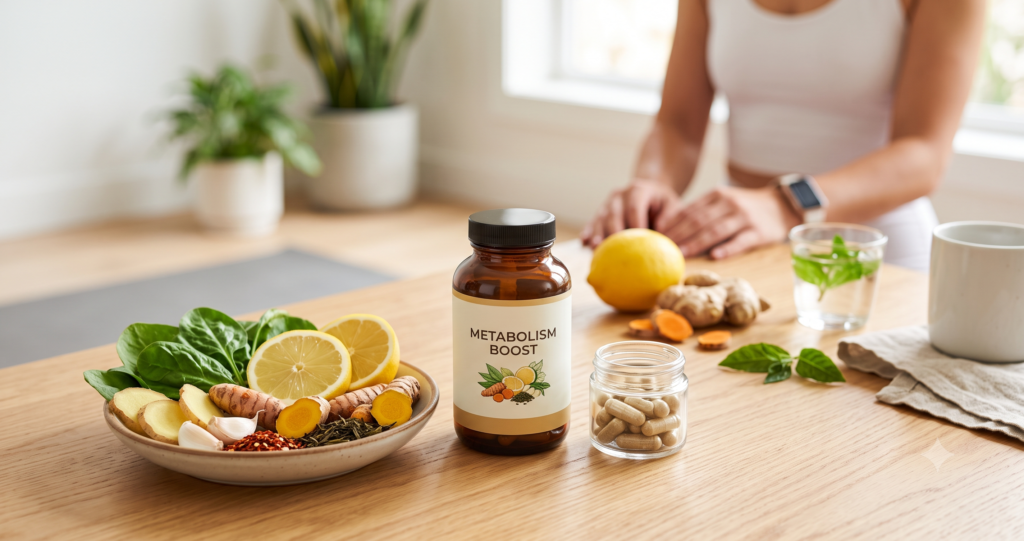 "Create a clean, professional blog header image for an article about Top Ingredients to Look for in a Metabolism Supplement Include relevant visual elements like supplements, healthy food, or wellness imagery. No text in the image. Horizontal format 1200x628 pixels."