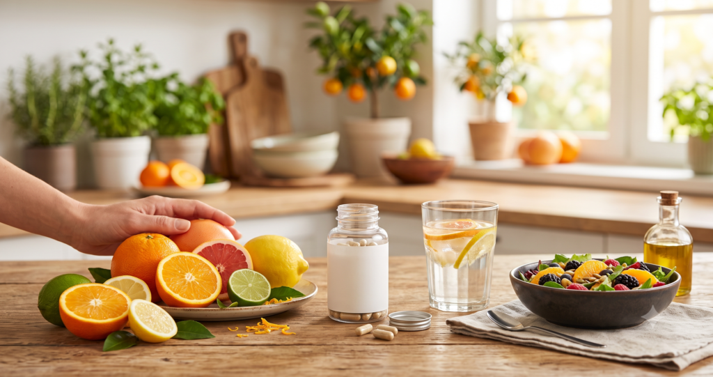 "Create a clean, professional blog header image for an article about Does Citrus Burn Work Without Diet Changes Include relevant visual elements like supplements, healthy food, or wellness imagery. No text in the image. Horizontal format 1200x628 pixels."