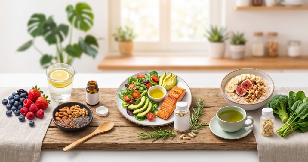 Create a clean, professional blog header image for an article about How Your Metabolism Changes in Your 40s, 50s and 60s  Include relevant visual elements like supplements, healthy food, or wellness imagery. no labels. No text in the image. Horizontal format 1200x628 pixels.