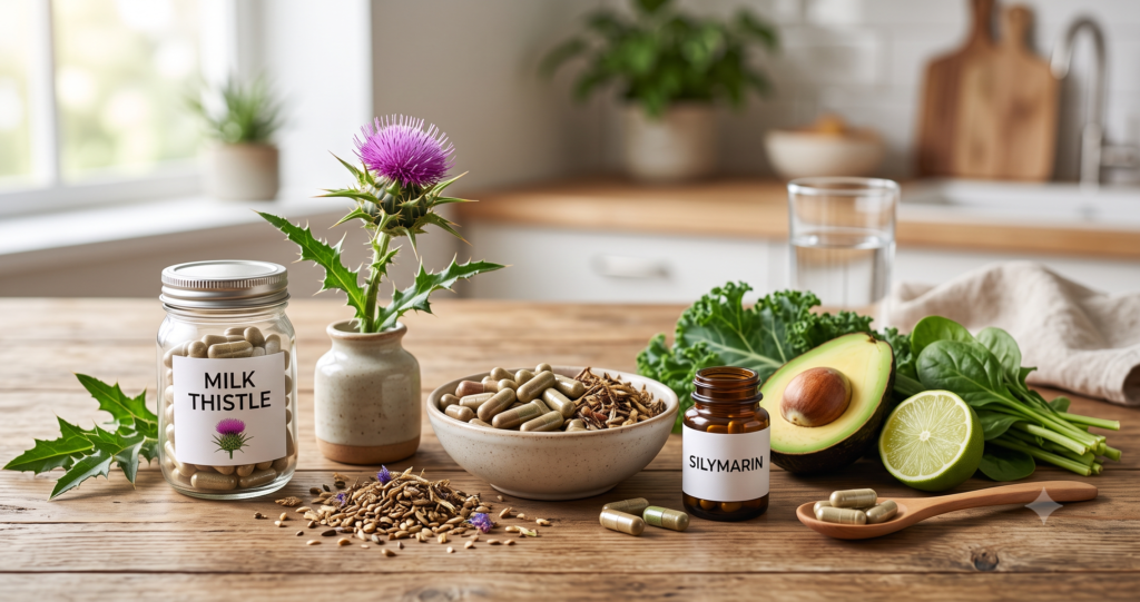 "Create a clean, professional blog header image for an article about Milk Thistle and Silymarin: Do They Actually Support Fat Loss? Include relevant visual elements like supplements, healthy food, or wellness imagery. No text in the image. Horizontal format 1200x628 pixels."