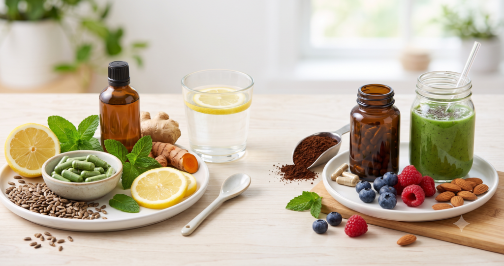 "Create a clean, professional blog header image for an article about liver-support-vs-stimulant-fat-burners Include relevant visual elements like supplements, healthy food, or wellness imagery. No text in the image. Horizontal format 1200x628 pixels."