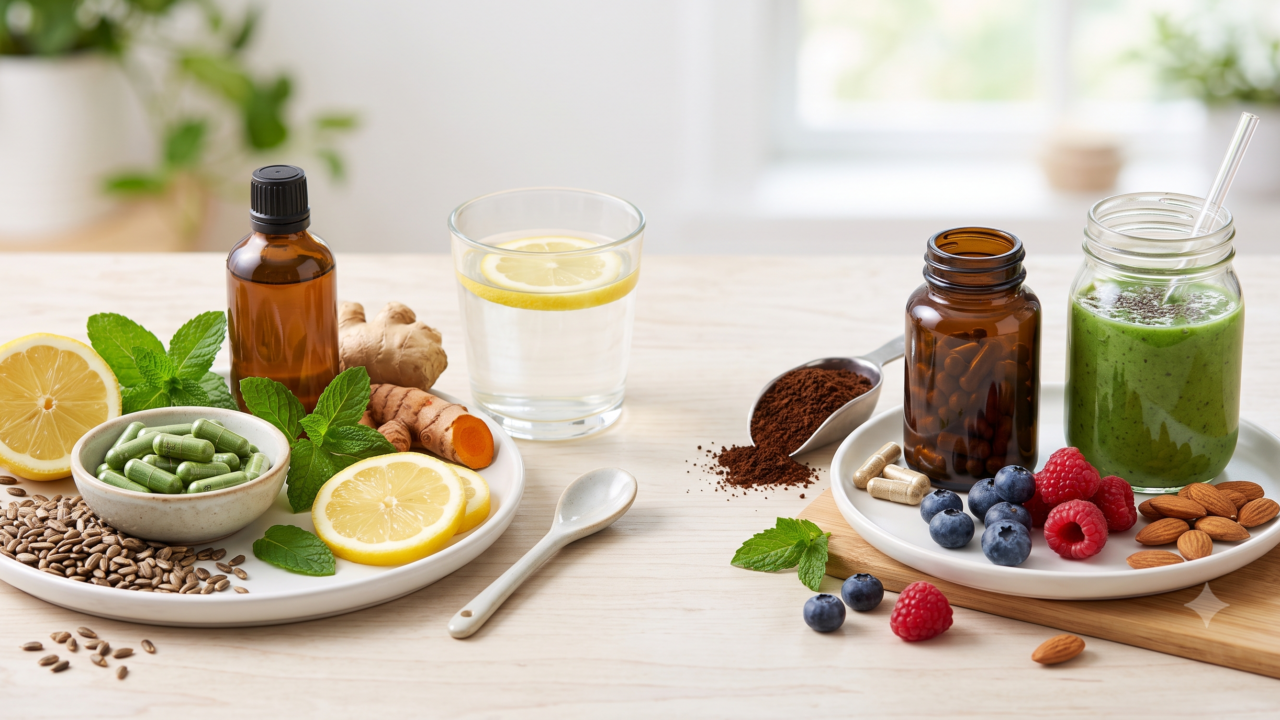 "Create a clean, professional blog header image for an article about liver-support-vs-stimulant-fat-burners Include relevant visual elements like supplements, healthy food, or wellness imagery. No text in the image. Horizontal format 1200x628 pixels."