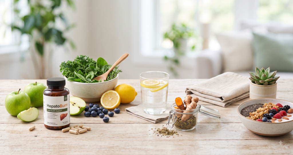 "Create a clean, professional blog header image for an article about How Long Does It Take to See Results With HepatoBurn? Include relevant visual elements like supplements, healthy food, or wellness imagery. No text in the image. Horizontal format 1200x628 pixels."