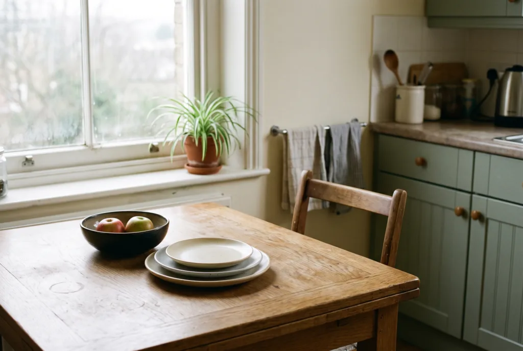 A worn oak kitchen table by a window with mismatched empty plates and a bowl of fruit.
