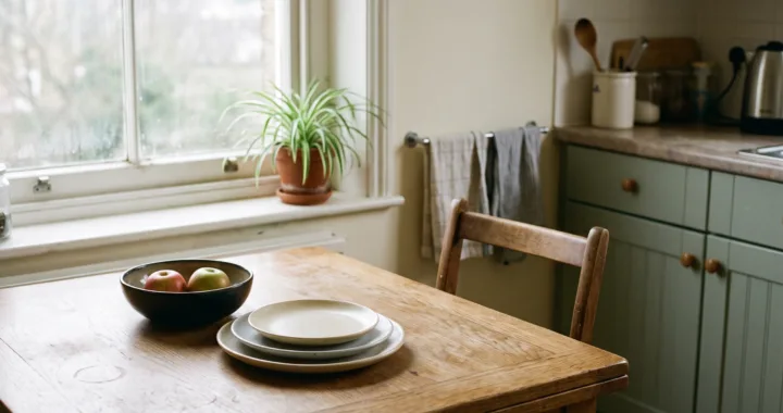 A worn oak kitchen table by a window with mismatched empty plates and a bowl of fruit.