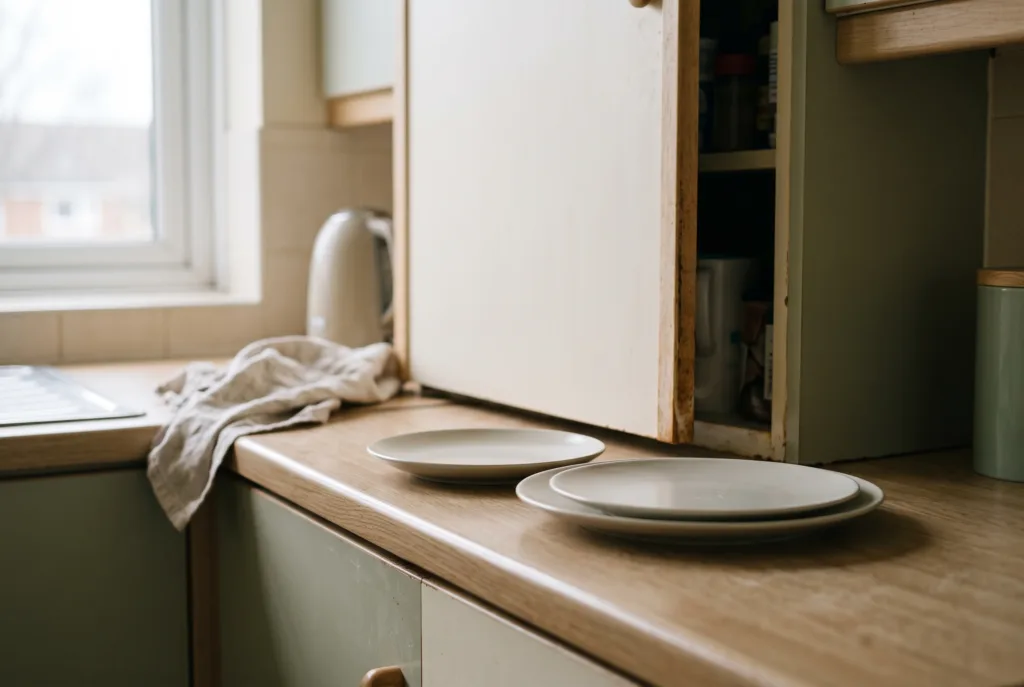 Two plain dinner plates of different sizes on an ordinary kitchen counter in daylight.