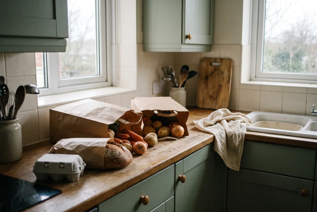 An ordinary kitchen counter by a window on an overcast afternoon. Two plain brown paper bags stand half unpacked, with loose vegetables, a loaf of bread wrapped in plain paper and a carton of eggs with no printing on it. A worn wooden counter, a dish towel, a slightly cluttered corner. No people, no visible labels.