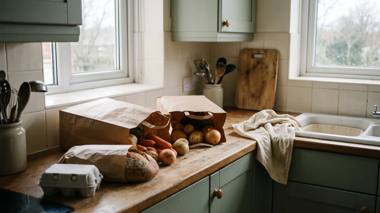 An ordinary kitchen counter by a window on an overcast afternoon. Two plain brown paper bags stand half unpacked, with loose vegetables, a loaf of bread wrapped in plain paper and a carton of eggs with no printing on it. A worn wooden counter, a dish towel, a slightly cluttered corner. No people, no visible labels.