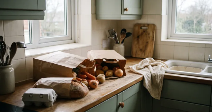 An ordinary kitchen counter by a window on an overcast afternoon. Two plain brown paper bags stand half unpacked, with loose vegetables, a loaf of bread wrapped in plain paper and a carton of eggs with no printing on it. A worn wooden counter, a dish towel, a slightly cluttered corner. No people, no visible labels.
