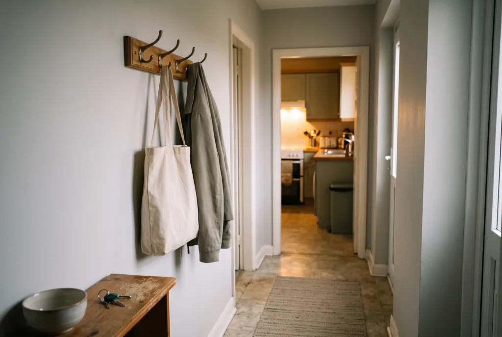 a front hallway at dusk, a bag hanging on a hook, keys on a small shelf, a warm light at the far end where the kitchen is; no people. Alt: Front hallway in the early evening with a bag on a hook and keys on a shelf.