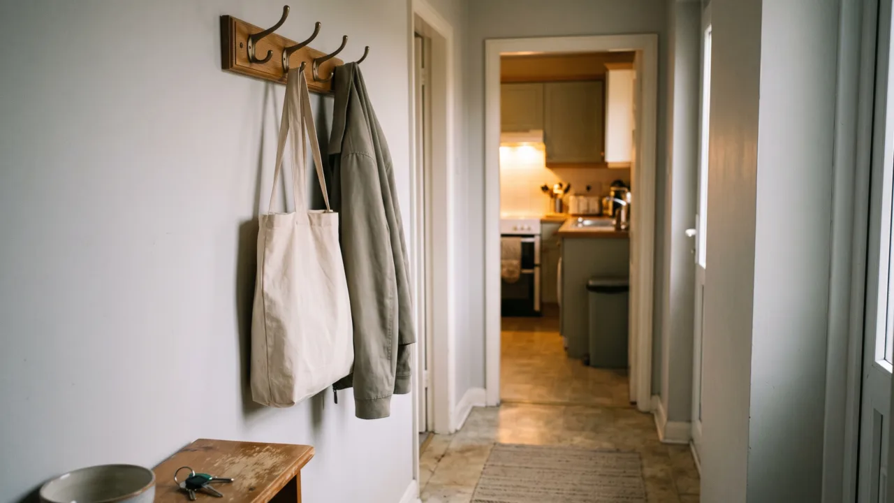 a front hallway at dusk, a bag hanging on a hook, keys on a small shelf, a warm light at the far end where the kitchen is; no people. Alt: Front hallway in the early evening with a bag on a hook and keys on a shelf.