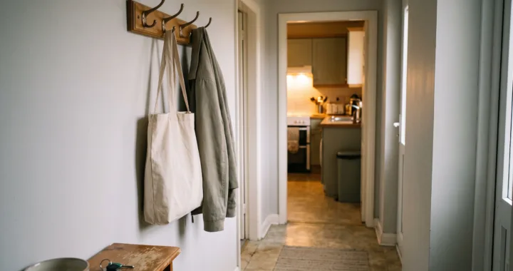 a front hallway at dusk, a bag hanging on a hook, keys on a small shelf, a warm light at the far end where the kitchen is; no people. Alt: Front hallway in the early evening with a bag on a hook and keys on a shelf.