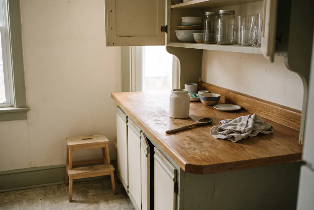 A worn oak kitchen counter by a window, with an upper cabinet door left open above and a small step stool beside it.