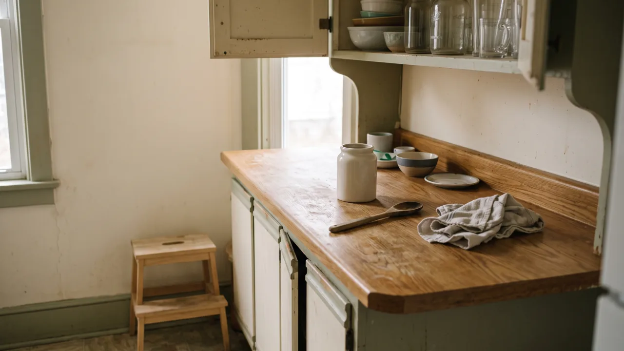 A worn oak kitchen counter by a window, with an upper cabinet door left open above and a small step stool beside it.