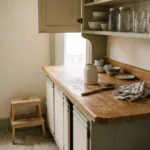 A worn oak kitchen counter by a window, with an upper cabinet door left open above and a small step stool beside it.