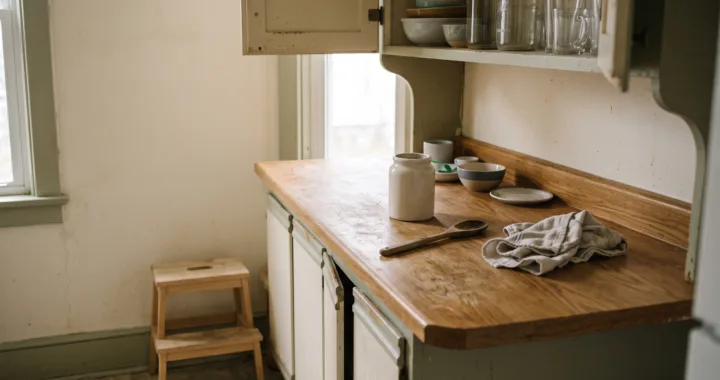 A worn oak kitchen counter by a window, with an upper cabinet door left open above and a small step stool beside it.