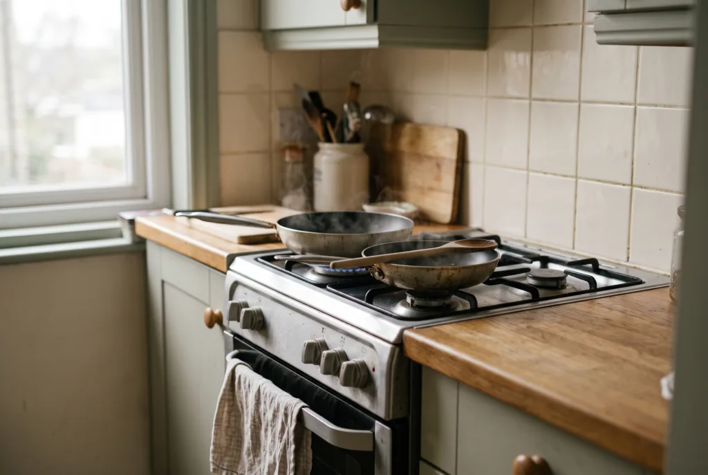 Two pans of different sizes on a kitchen stove with steam rising, and a wooden spoon resting across the smaller one.