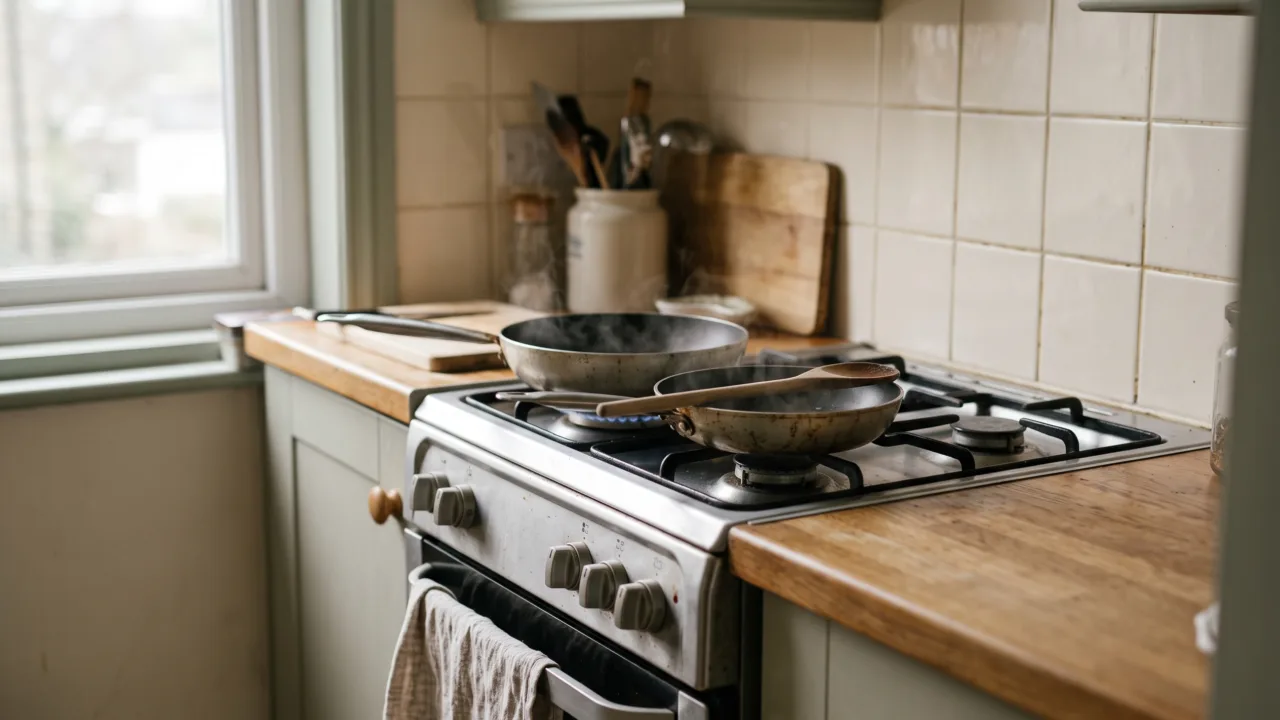 Two pans of different sizes on a kitchen stove with steam rising, and a wooden spoon resting across the smaller one.