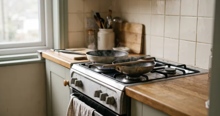 Two pans of different sizes on a kitchen stove with steam rising, and a wooden spoon resting across the smaller one.