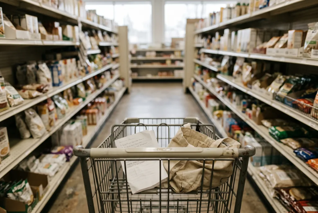 A shopping cart parked slightly crooked in a small grocery store aisle, with a folded paper list and a canvas bag inside