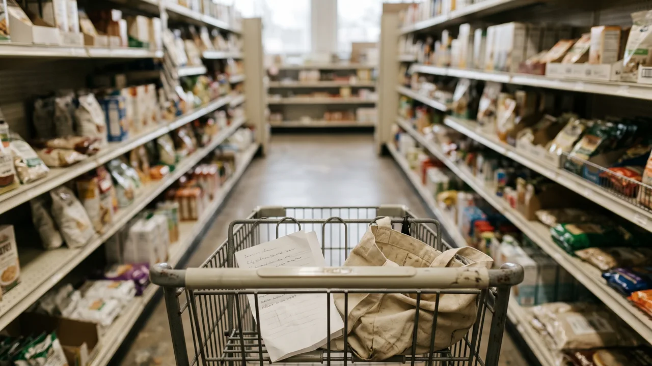 A shopping cart parked slightly crooked in a small grocery store aisle, with a folded paper list and a canvas bag inside