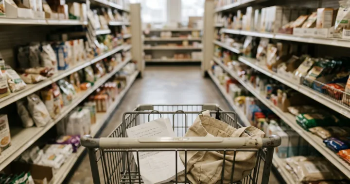 A shopping cart parked slightly crooked in a small grocery store aisle, with a folded paper list and a canvas bag inside
