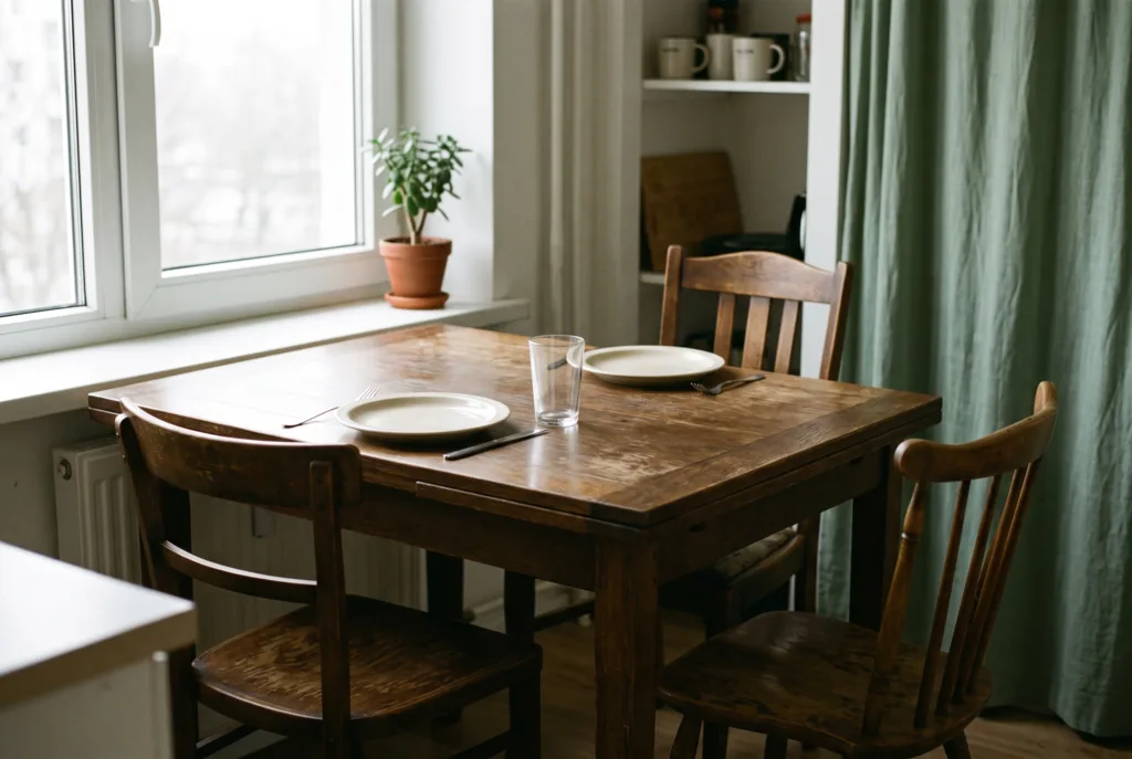 a modest dining table with two chairs, one pushed back, grey window light, two empty plain plates; no people. Alt: Dining table with two chairs, one pushed back, in soft window light.