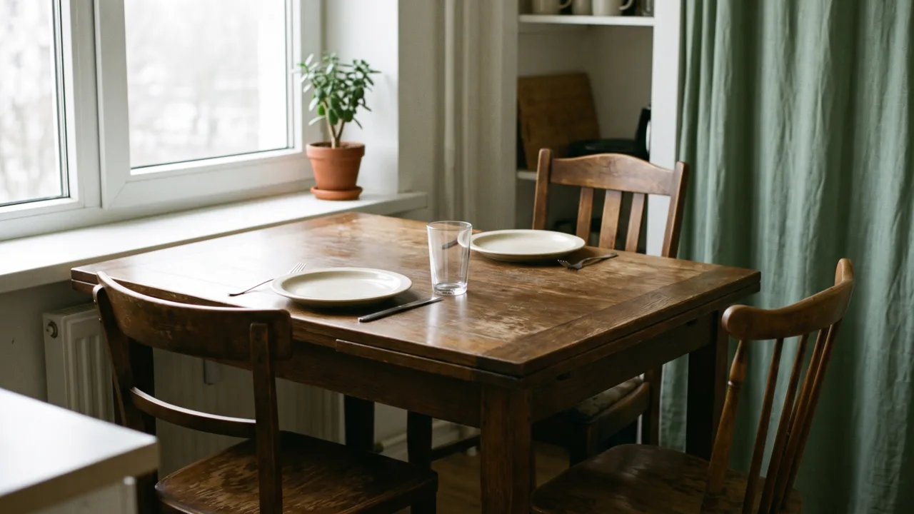 a modest dining table with two chairs, one pushed back, grey window light, two empty plain plates; no people. Alt: Dining table with two chairs, one pushed back, in soft window light.