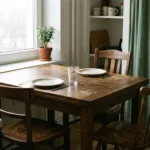 a modest dining table with two chairs, one pushed back, grey window light, two empty plain plates; no people. Alt: Dining table with two chairs, one pushed back, in soft window light.