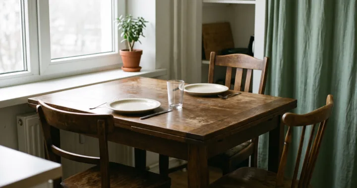 a modest dining table with two chairs, one pushed back, grey window light, two empty plain plates; no people. Alt: Dining table with two chairs, one pushed back, in soft window light.